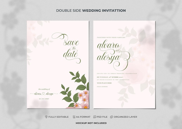 PSD illustratie van platte bloemen en bladeren op een sjabloon voor een huwelijksuitnodiging
