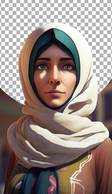 Illustration of a 3d cartoon character of a muslim woman on transparent background