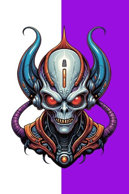 Illustration of an alien head with horns on a purple background