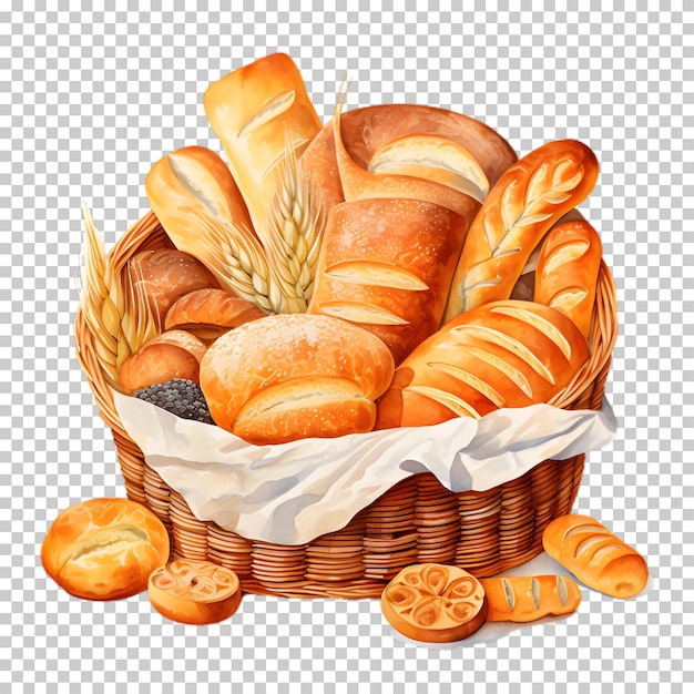 PSD 透明な背景にパンが描かれた絵のバスケット