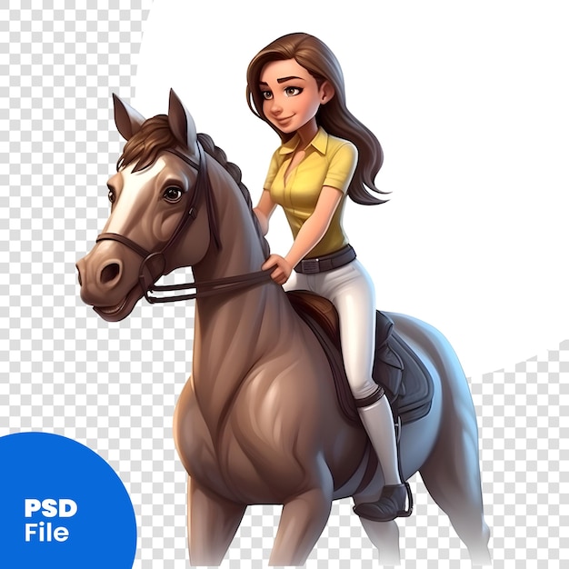 PSD illustrazione di una bella ragazza che monta un cavallo su un modello psd di sfondo bianco