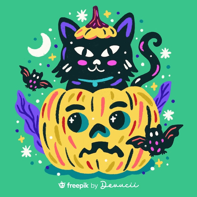 黄色いかぼちゃの中の黒猫のイラスト