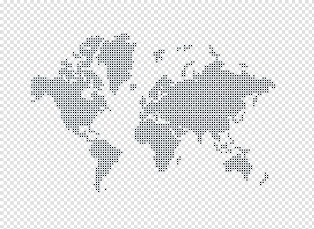 PSD illustration of a black world map made of stars on a transparent background