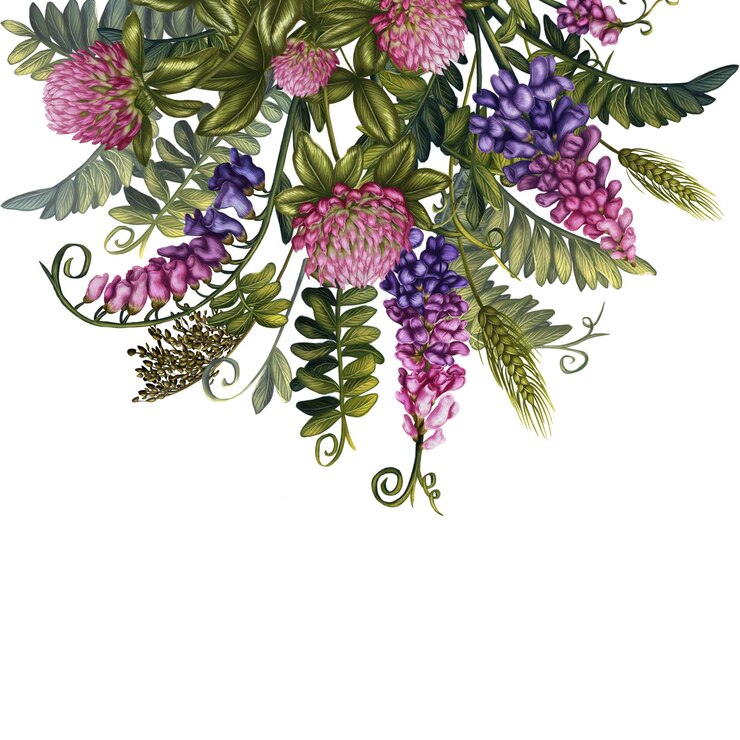 PSD illustration of a bouquet of colorful blooming alfalfa and pink clover