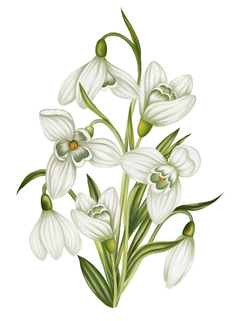 Illustration of a bouquet of snowdrops on a white background in a watercolor illustration style