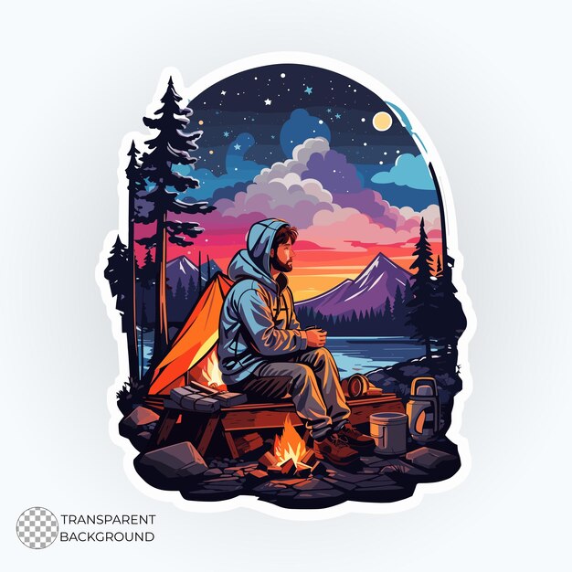 PSD illustration of camper sitting by a cozy campfire under a starry transparent background stickers psd