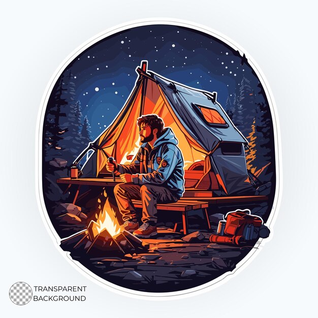 PSD illustration of camper sitting by a cozy campfire under a starry transparent background stickers psd