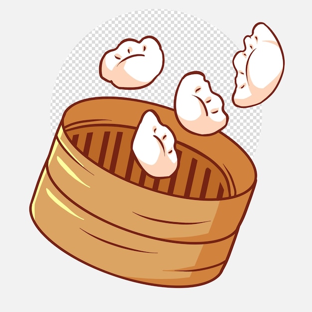illustration cartoon of chinese food dumplings dim sum on bamboo bowl
