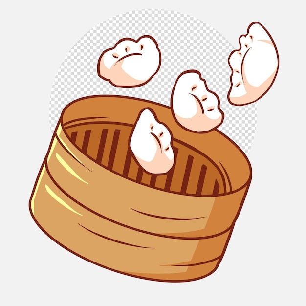 PSD illustration cartoon of chinese food dumplings dim sum on bamboo bowl