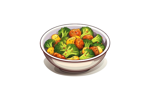 Illustration of chicken with broccoli in a bowl