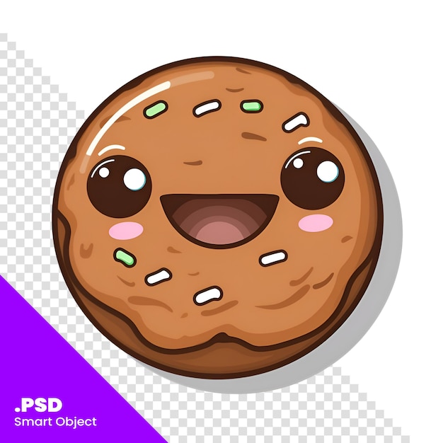 PSD illustration of a chocolate donut with eyes and smiling face psd template