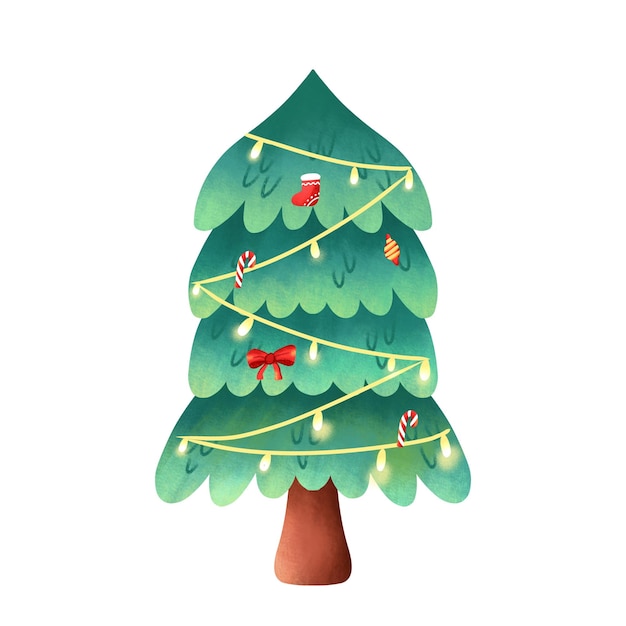 Illustration of a Christmas tree with lights and decoration on leaf textured drawing art style