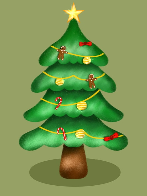 PSD illustration of a christmas tree with wavy leaves decorated with gold ribbons and several lights