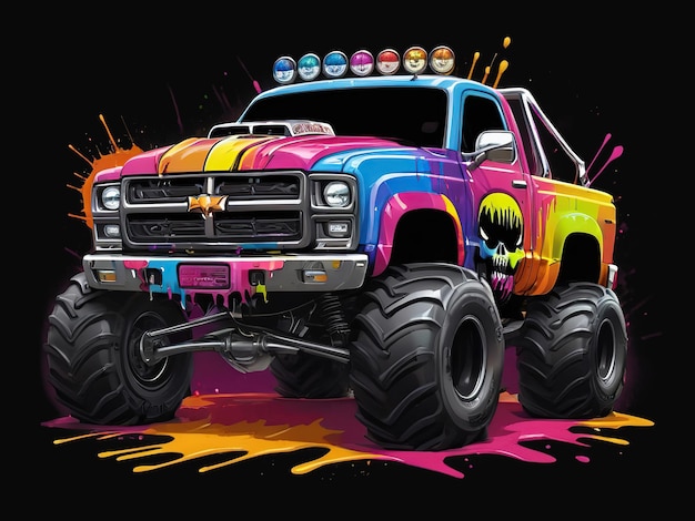 Illustration of colorful monster truck on dripping paint