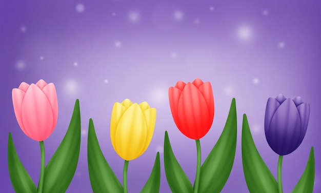 PSD illustration of colorful tulip flowers on a purple background