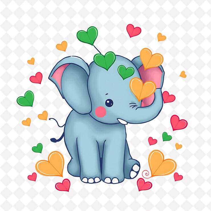 PSD illustration cute elephant with heart shaped leaves scattered around vibrant jewel tone cute colo