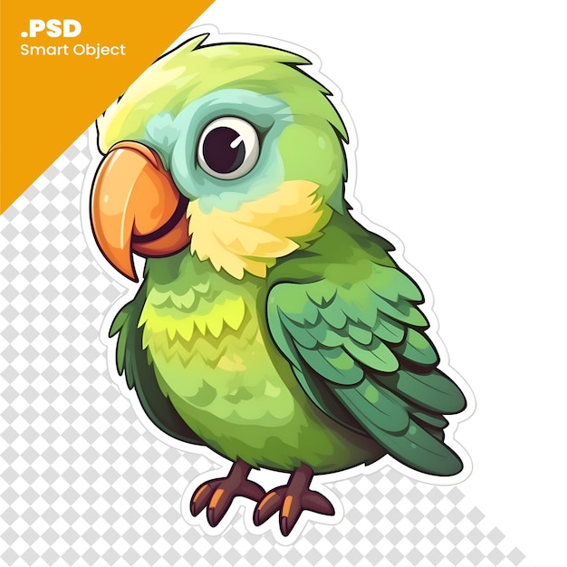 PSD illustration of a cute green parrot on a white background psd template