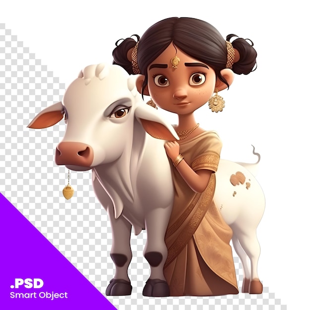 Illustration of a cute indian girl with cow on a white background psd template