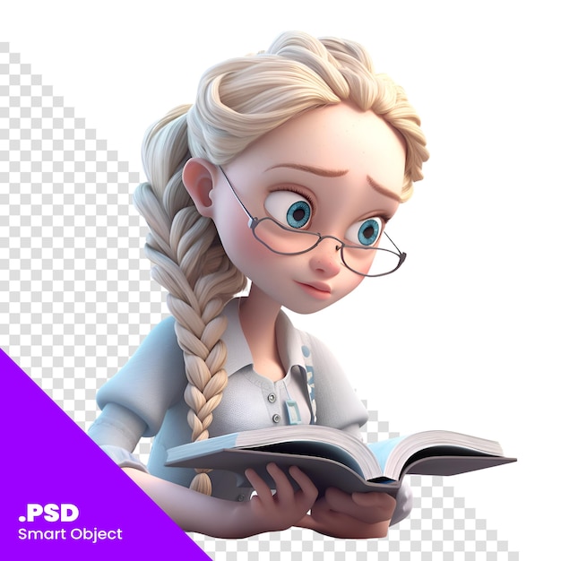 PSD illustration of a cute little girl reading a book on white background psd template