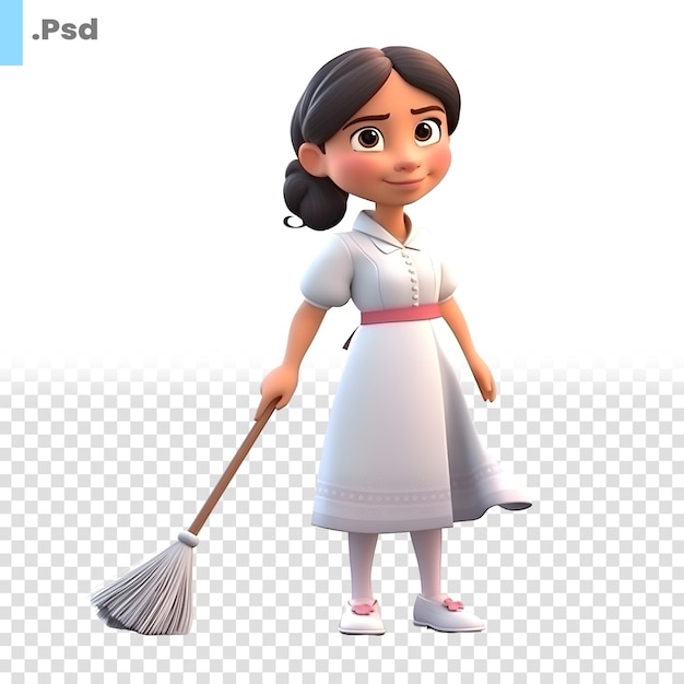 PSD illustrazione di una piccola cameriera carina con una scopa su un modello psd a sfondo bianco