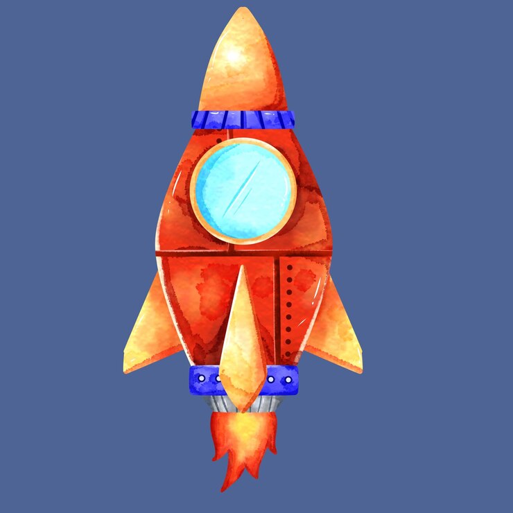 PSD illustration of a cute red watercolor rocket with turbo flames ready to launch