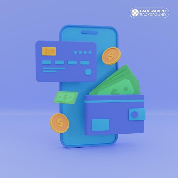 PSD illustration of a digital wallet on a cellphone saving digital money