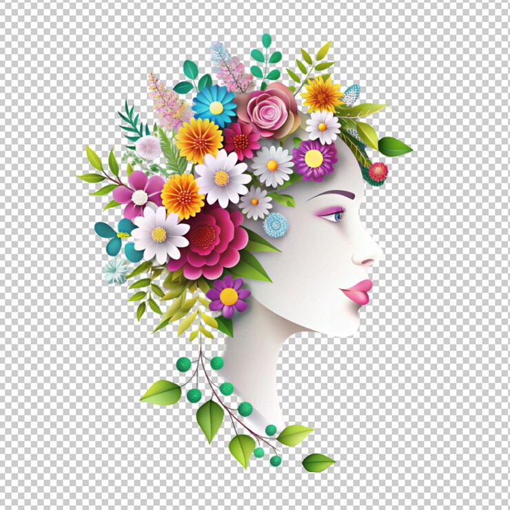 PSD illustration of face and flowers style paper cut isolated on transparent background