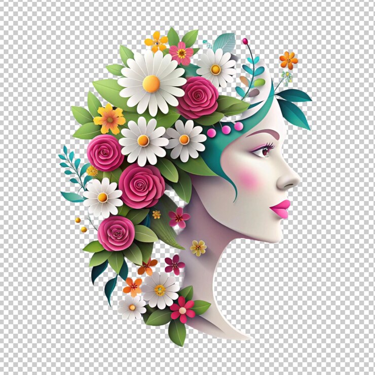 PSD illustration of face and flowers style paper cut isolated on transparent background