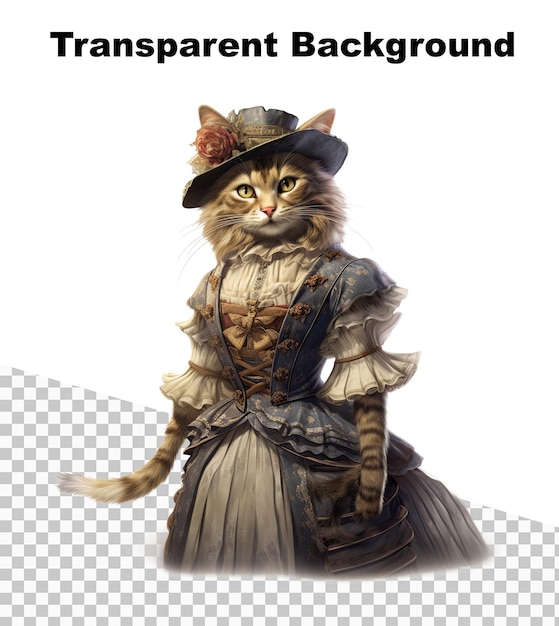 PSD an illustration of a female cat dressed like in 19th