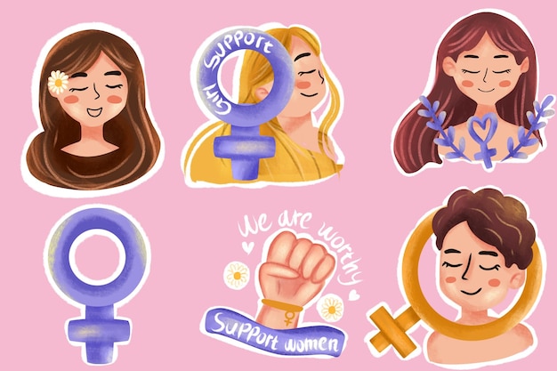 여성과 페미니즘을 주제로 한 여성 캐릭터 스티커 세트의 일러스트레이션 그래픽 요소