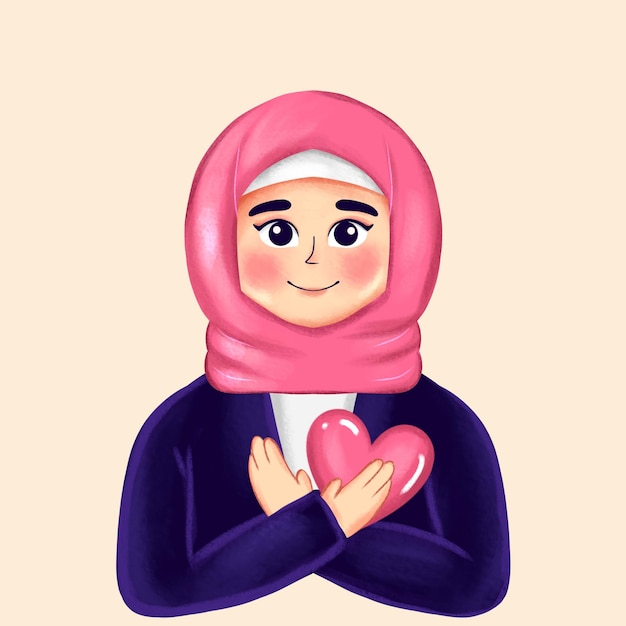 ピンクのヒジャブを着て胸に手を当ててハートを持った女性キャラクターのイラスト