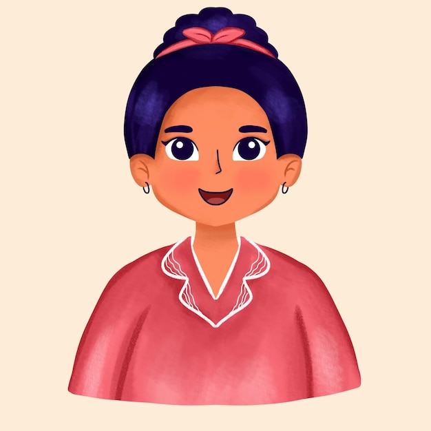 Illustrazione di un personaggio femminile con accessori di nastri per capelli ricci nei vestiti rosa capelli