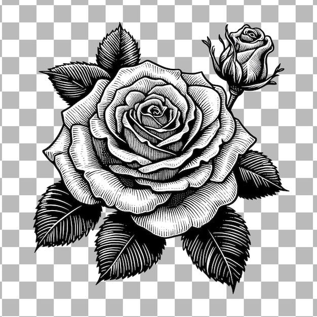 Illustration of flowered rose in black and white lineart PNG