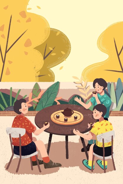 PSD illustration of friends gathering to drink tea scene