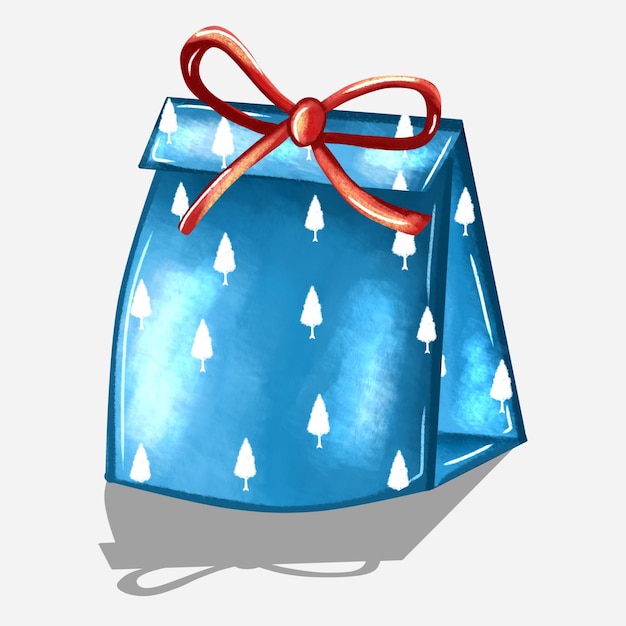 Illustration of a gift paper bag decorated with red ribbon with christmas tree pattern