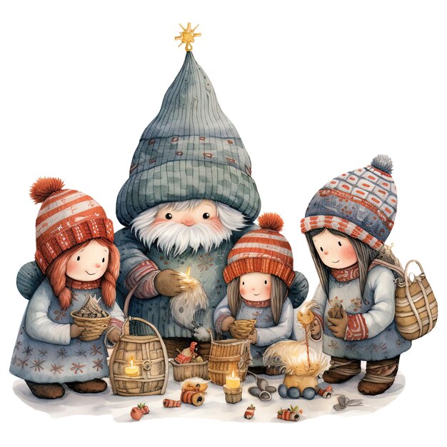 PSD illustration of a group of children in winter clothes with a candle