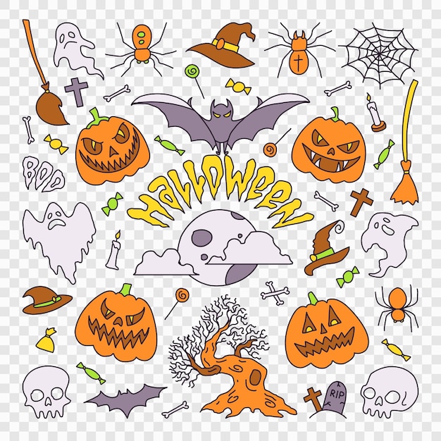 PSD illustrazione elementi di festa di halloween set di icone in stile cartone animato