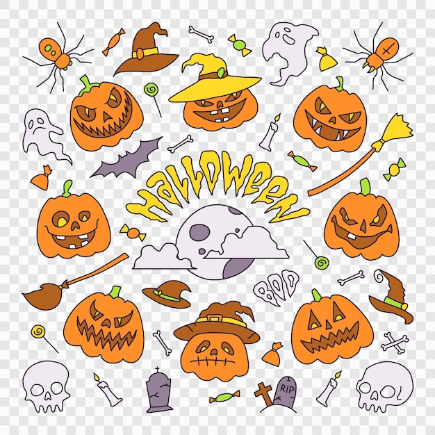 PSD illustrazione elementi di festa di halloween set di icone in stile cartone animato