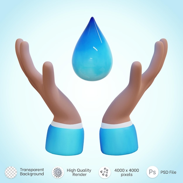 Illustration of hands holding water drop save water icon in 3d rendering