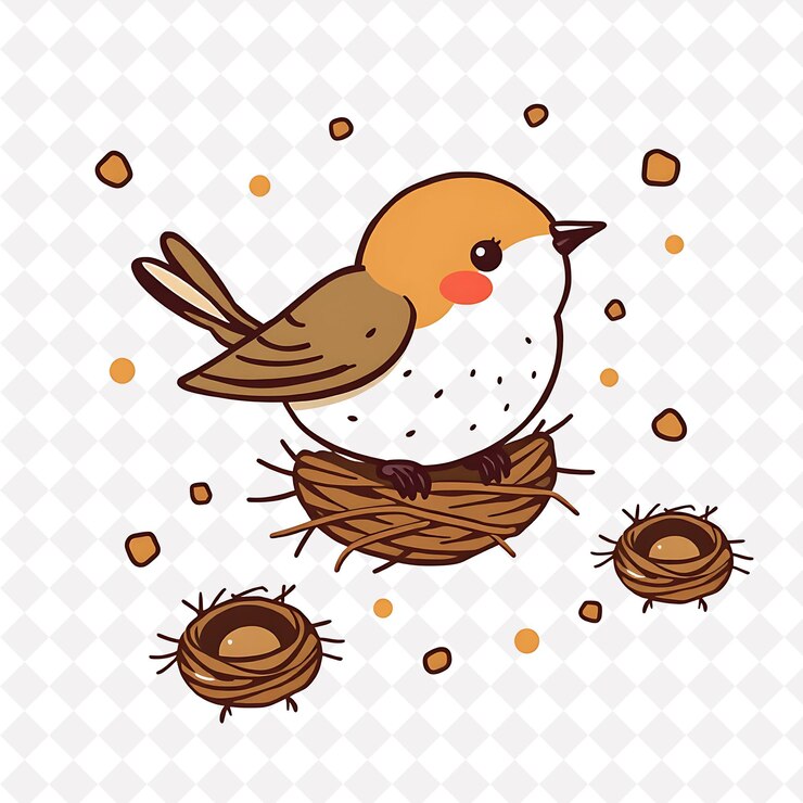 PSD illustration happy sparrow with nest shapes sprinkled throughout earthy and neutral color design