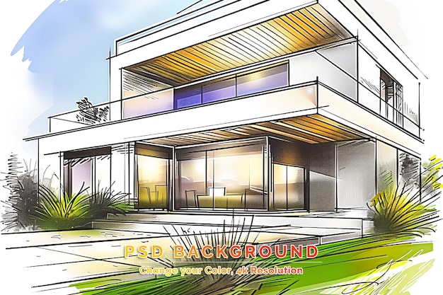 PSD illustration of impressive villa with pool late afternoon