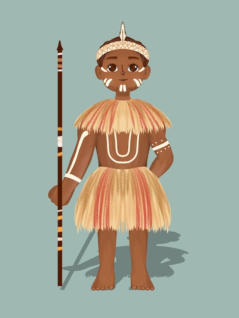 PSD illustrazione di un personaggio aborigeno maschile che utilizza abiti tipici e armi tradizionali