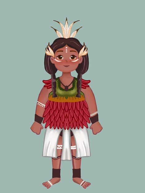 Illustration of a mayan female character wearing traditional clothing with hair accessories