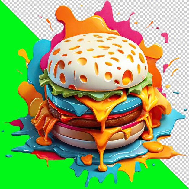 PSD illustrazione di un hamburger fuso su vernice colorata