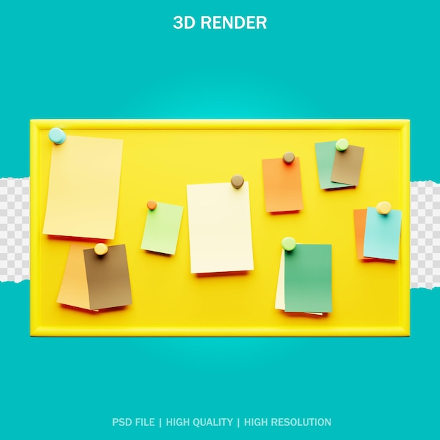 Illustration of memo paper and push pin with transparent background in 3d design