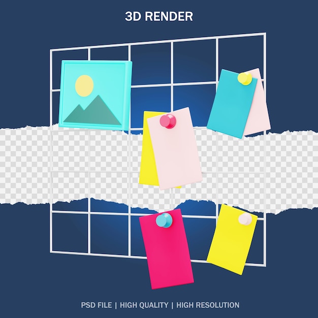 illustration of memo paper and push pin with transparent background in 3d design