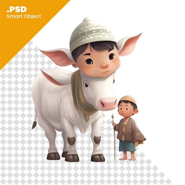 PSD Иллюстрация милой коровы с мальчиком на белом фоне psd шаблона
