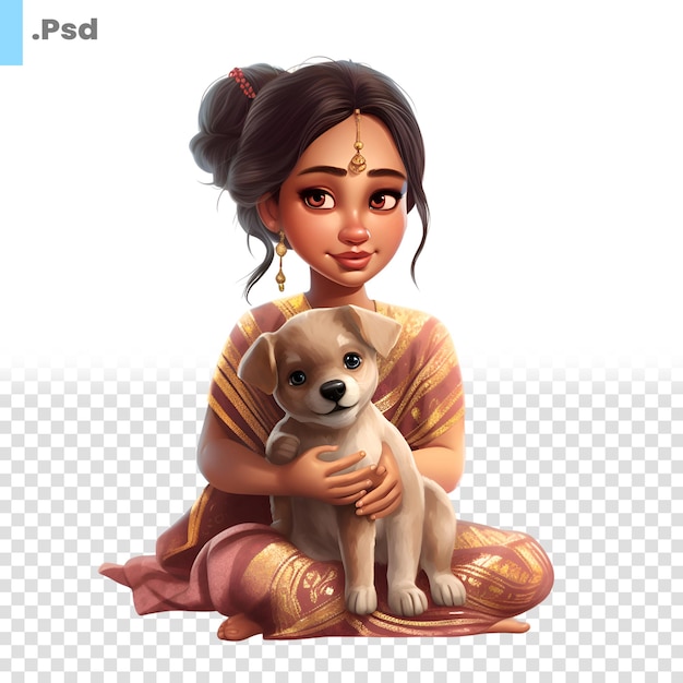 PSD 흰색 배경 psd 템플릿에 강아지와 함께 귀여운 소녀의 그림