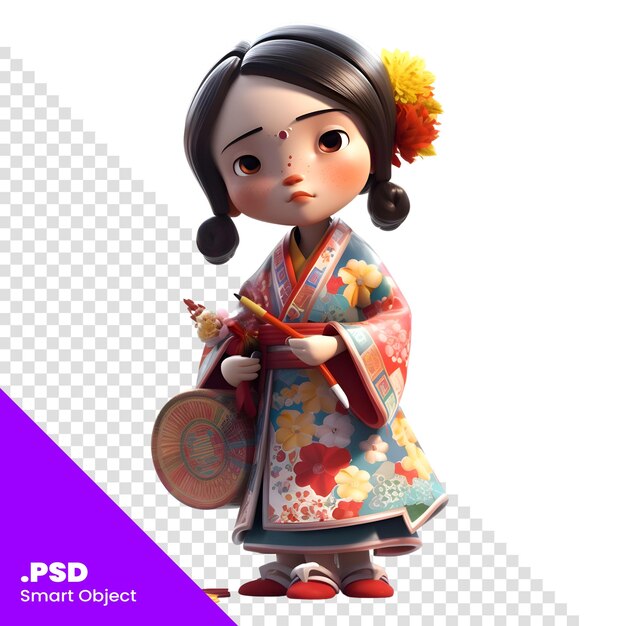 PSD 白い背景にかわいい着物の女の子のイラスト psd テンプレート