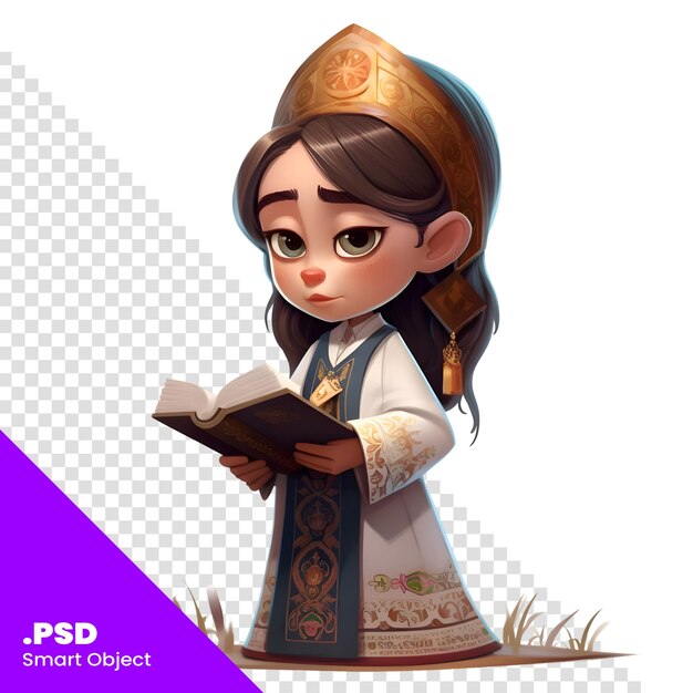 PSD Иллюстрация симпатичной маленькой принцессы, читающей книгу на белом фоне шаблона psd